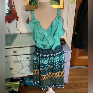 MOSSIMO Ruffle Dress L Mint Green Geometric Elastic Waist Sundress Summer VGUC